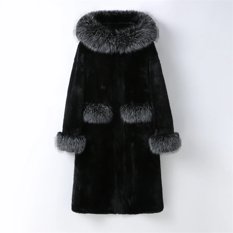 2024 New Design Lady Big Collar and Pocket with Faux Fur Hood Coat Women Long Black Winter Warm Jacket CT4115
