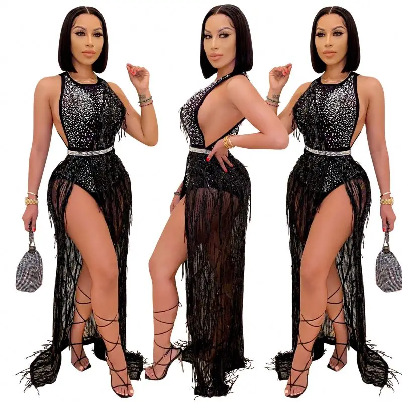 
KYF3710 New fashion 2020 women sequin rhinestone o-neck sleeveless split maxi tassel evening black dresses with belt 