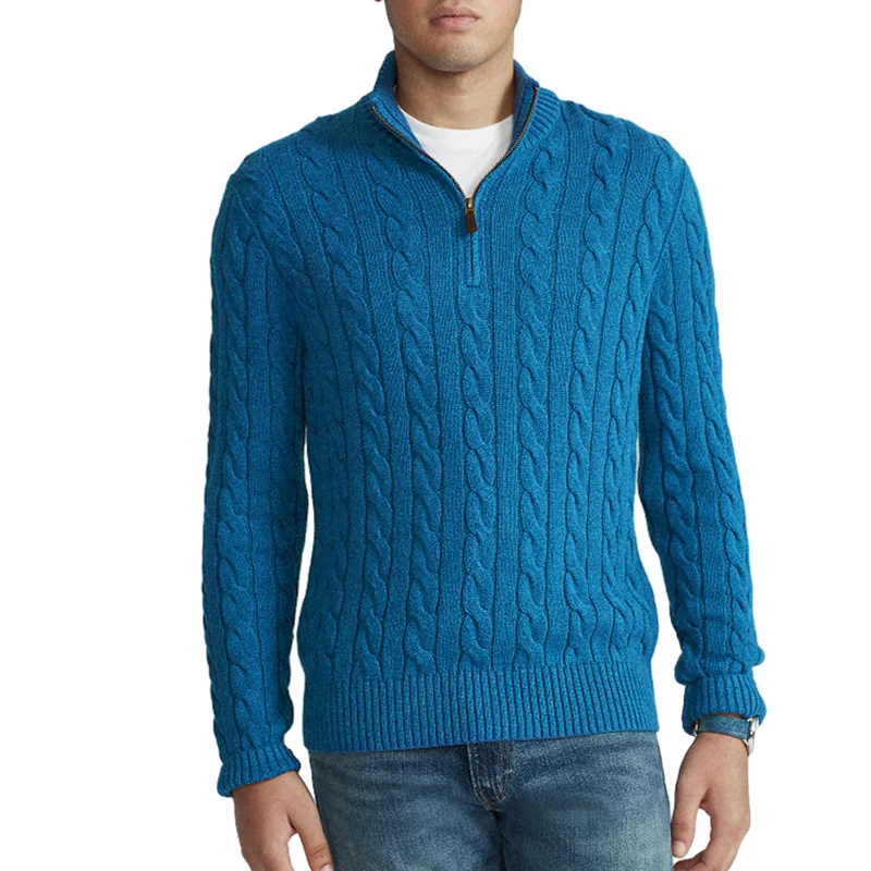 OEM Cashmere Turtleneck Jacquard Sweater Custom Design Men Fleece Cable Half Zip Up High Neck Pullover Knitted Sweater For Men