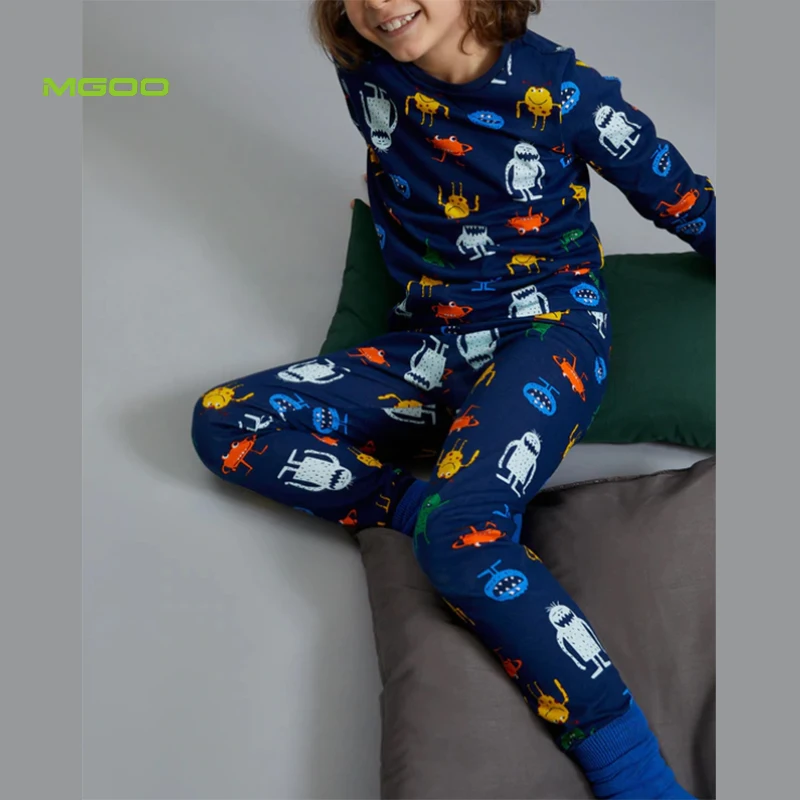MGOO regular fit all over print navy crew neck knitted pyjamas kid sleepwear cotton pajama