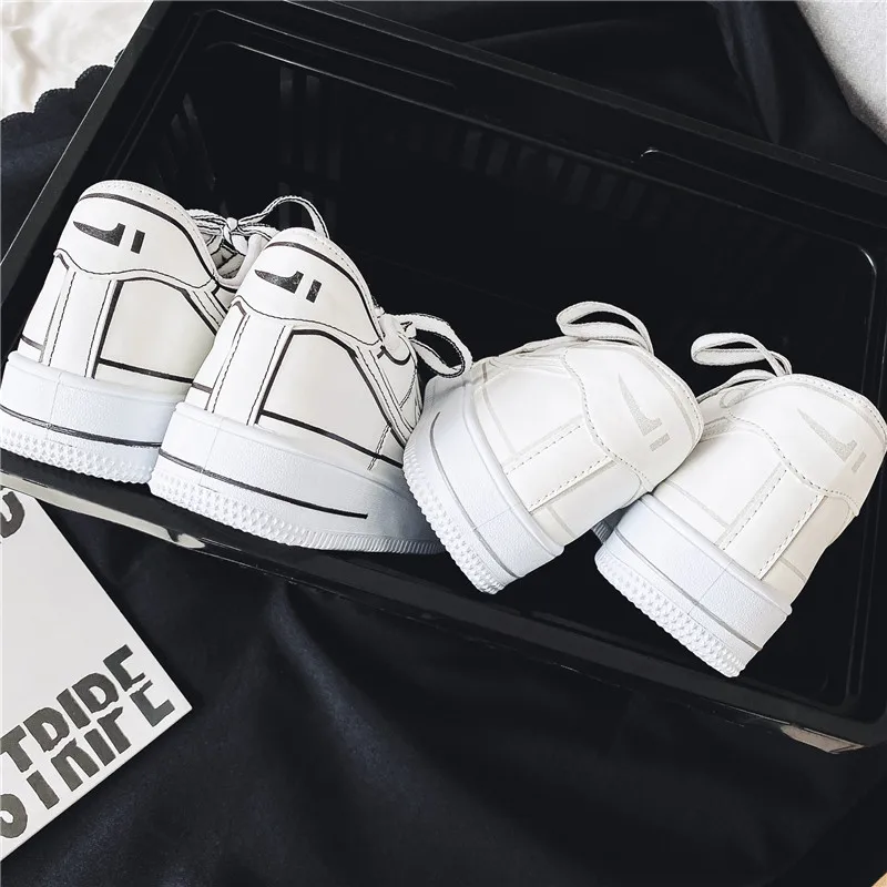 High Quality Leather Sneakers Orignal Comic Style Thick Line Graffiti Anime White Skateboarding Shoes