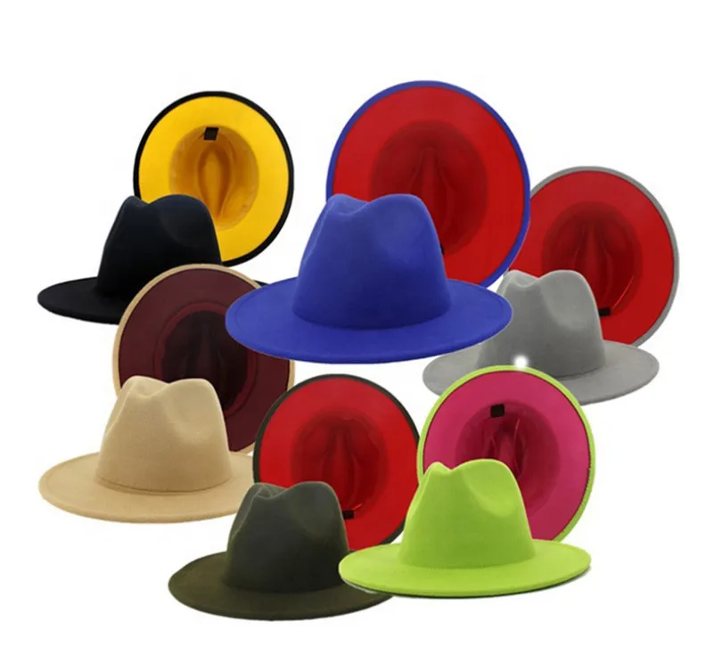 Wholesale High Quality Fake Wool Felt Fedora Hat For Men 2 tone hat colorful different candy color brim fedora  women hat
