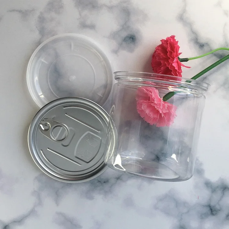 Round plastic pet easy open can Transparent food grade jar with sliver aluminum cap