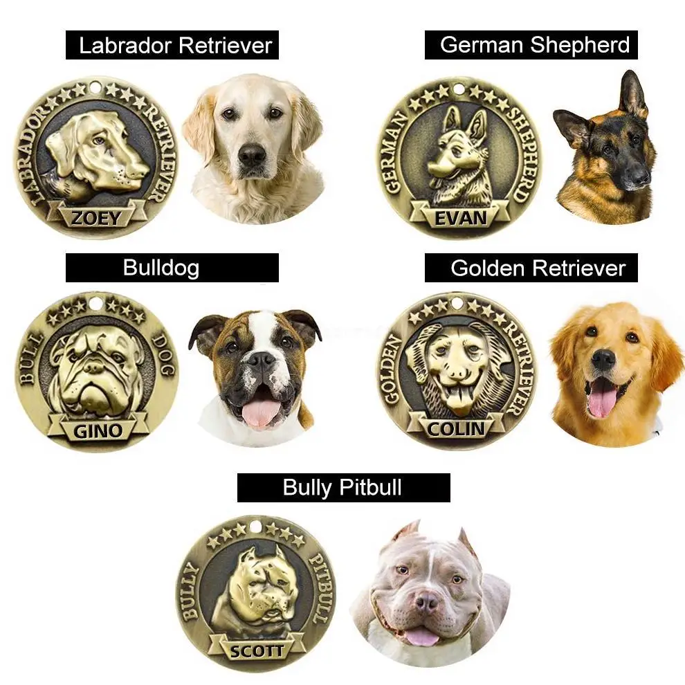Customized Copper Bronze 3D Pet Collar Pendant ID Front Back Laser Engraving High-Relief Dog Metal Neck Choker Label s