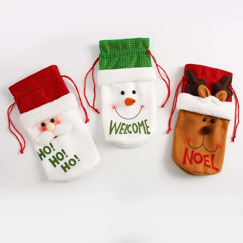 Christmas Decorations Home Decor Drawstring Santa Sack Noel Cute Reindeer Snowman Flannelette Wine Bottle Cover for Christmas