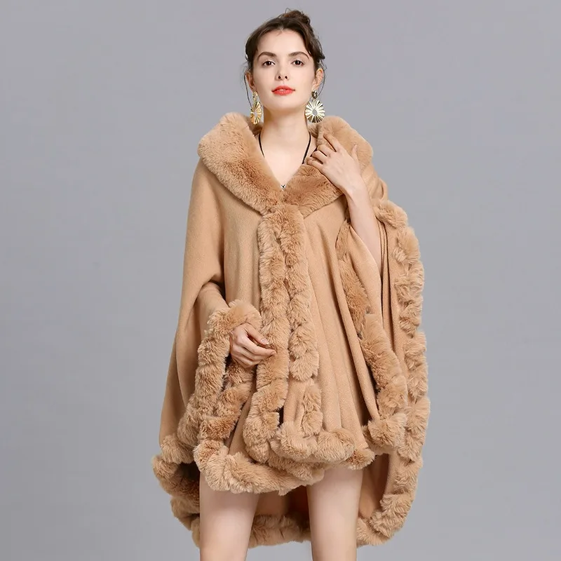 New Style Faux Wool Poncho Winter Autumn Warm Casual Big Fur Collar Cape Coat Long Cardigan mid-long style Faux Fur Cloak