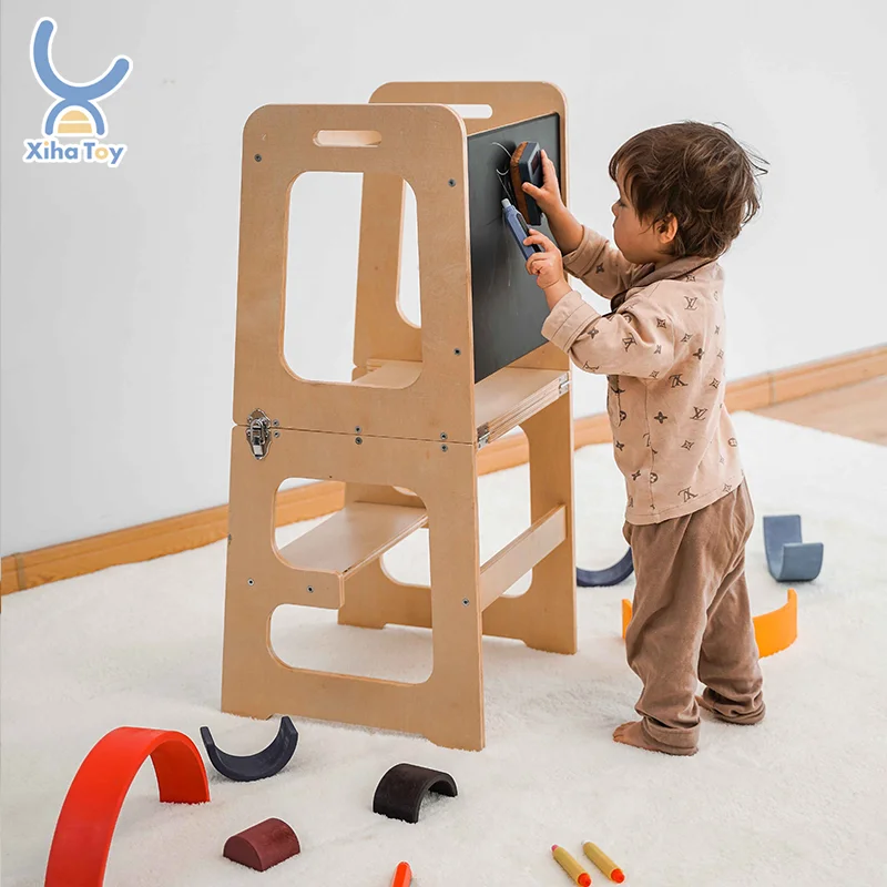 XIHA Wooden Foldable Toddler Learning Tower With Blackboards Kids Table Kitchen Helper All in one Helper Tower Learning Stool