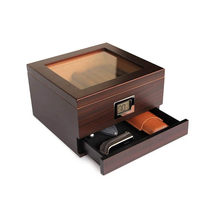 Wholesale  Glass Top  Cedar wood cigar humidor case with Accessory Drawer Front Digital Hygrometer Holds (30-60 Cigars)