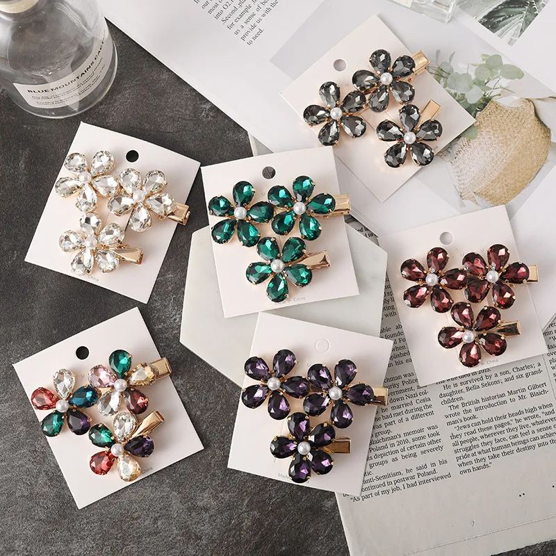 New rhinestone pearl flower barrettes colorful petals bang clip hair accessories