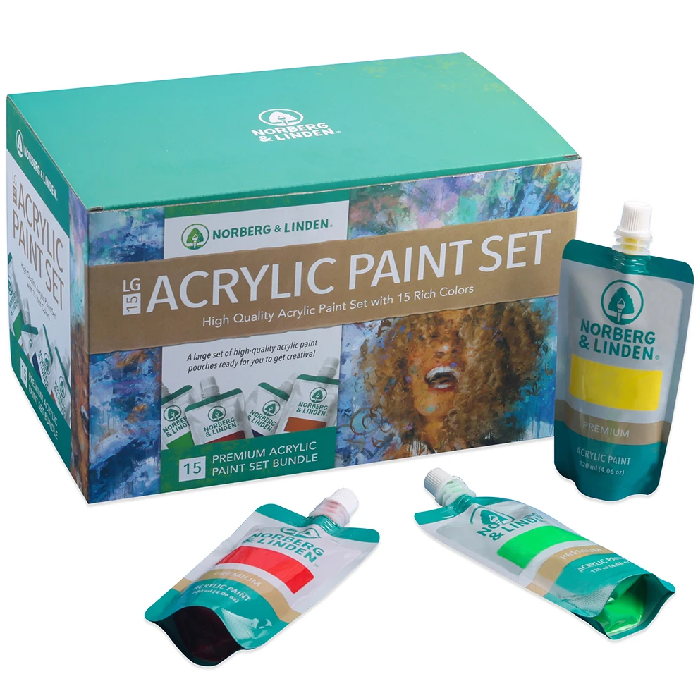 Hot Sale Non-Toxic 15 Colors Plastic Bag packed 120ml Acrylic Paint Set in Color Box
