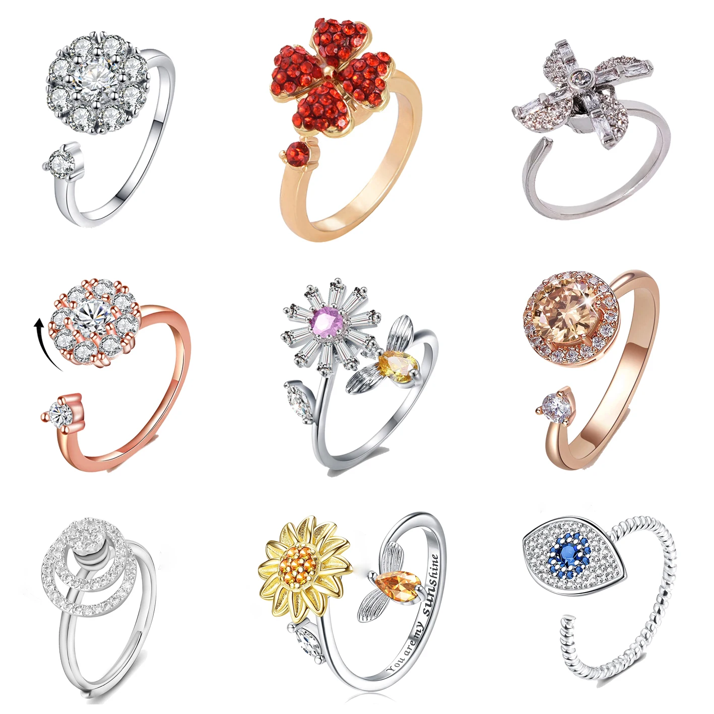 Anxiety Ring Colorful Stone Jewelry Rose Gold Plated Brass Ring Anti Stress Crystal Fidget Anxiety Ring Adjustable