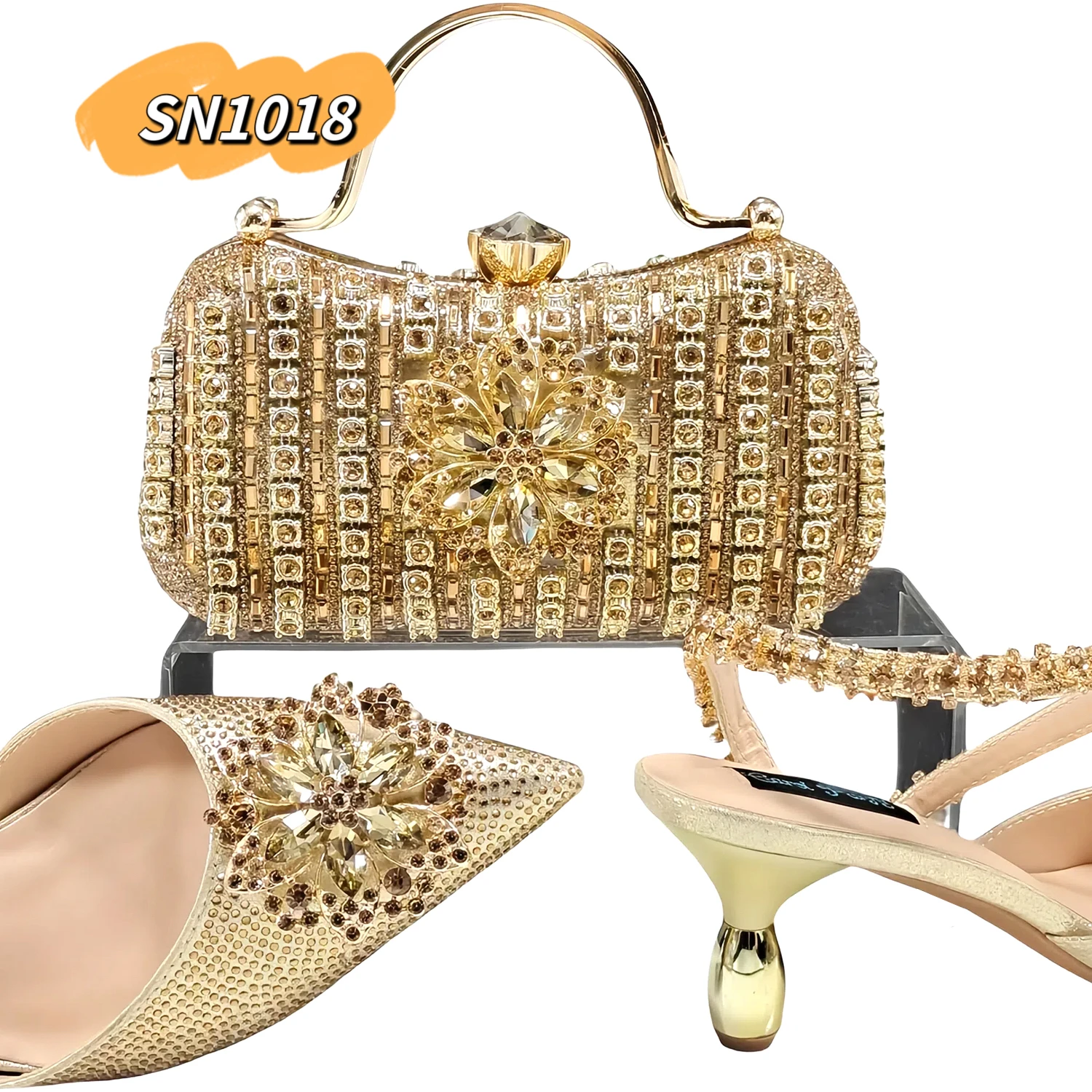 Rhinestone evening matching shoe and bag set high heels peach matching clutch bag woman nigeria inmyshop