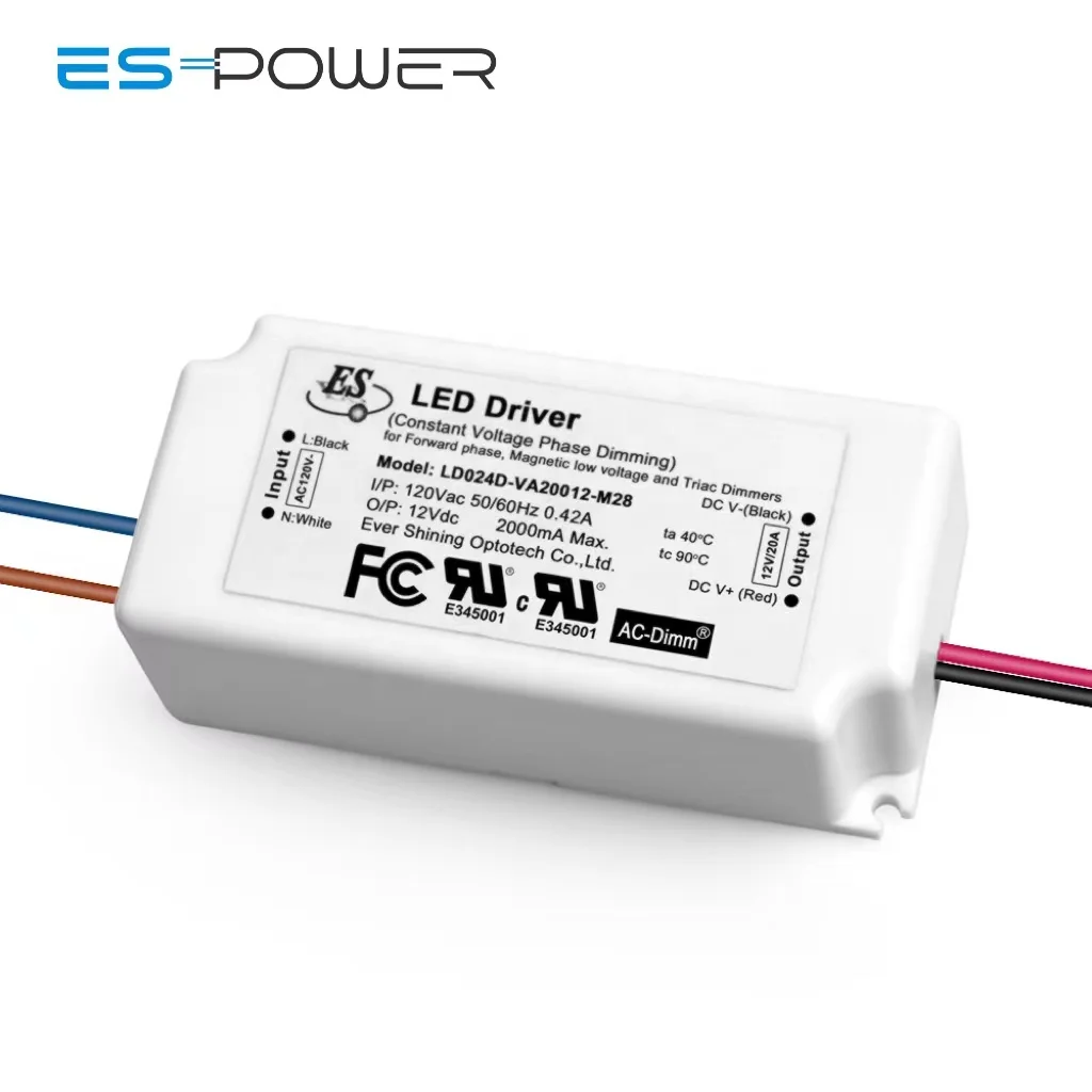 Es Ul Cul 120V Ac 12V 24V Dc 1A 2A 24W Constant Voltage Leading Edge  Triac ELV Dimming Led Driver