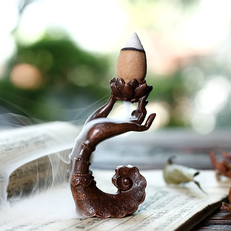 Back  Flow Bronze Color Incense Censer Burner Holder Buddha  Hand Shape