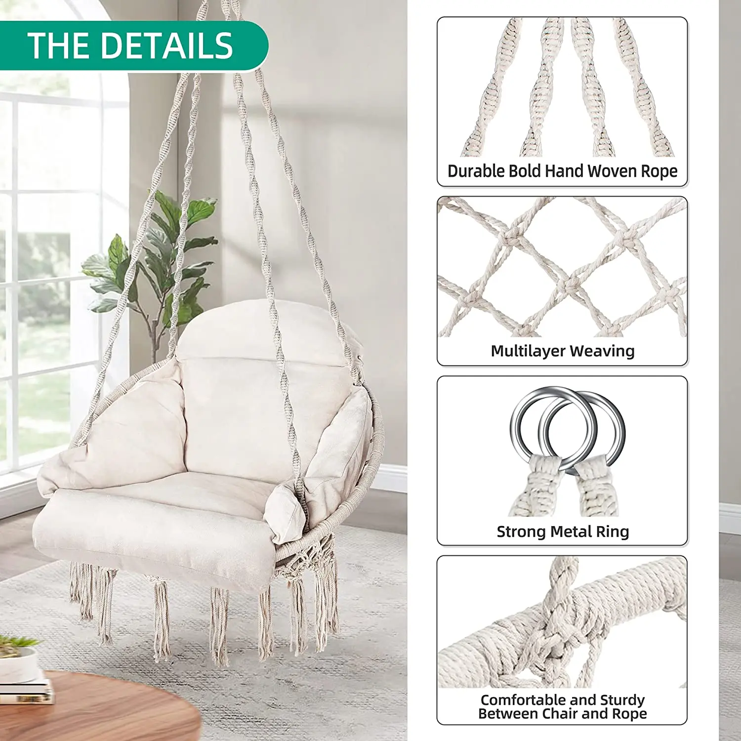 Hammock Chair with Cushion, Handmade Macrame Swing Chair with Hanging Hardware Kits, Bohemian Style Cotton Rope,