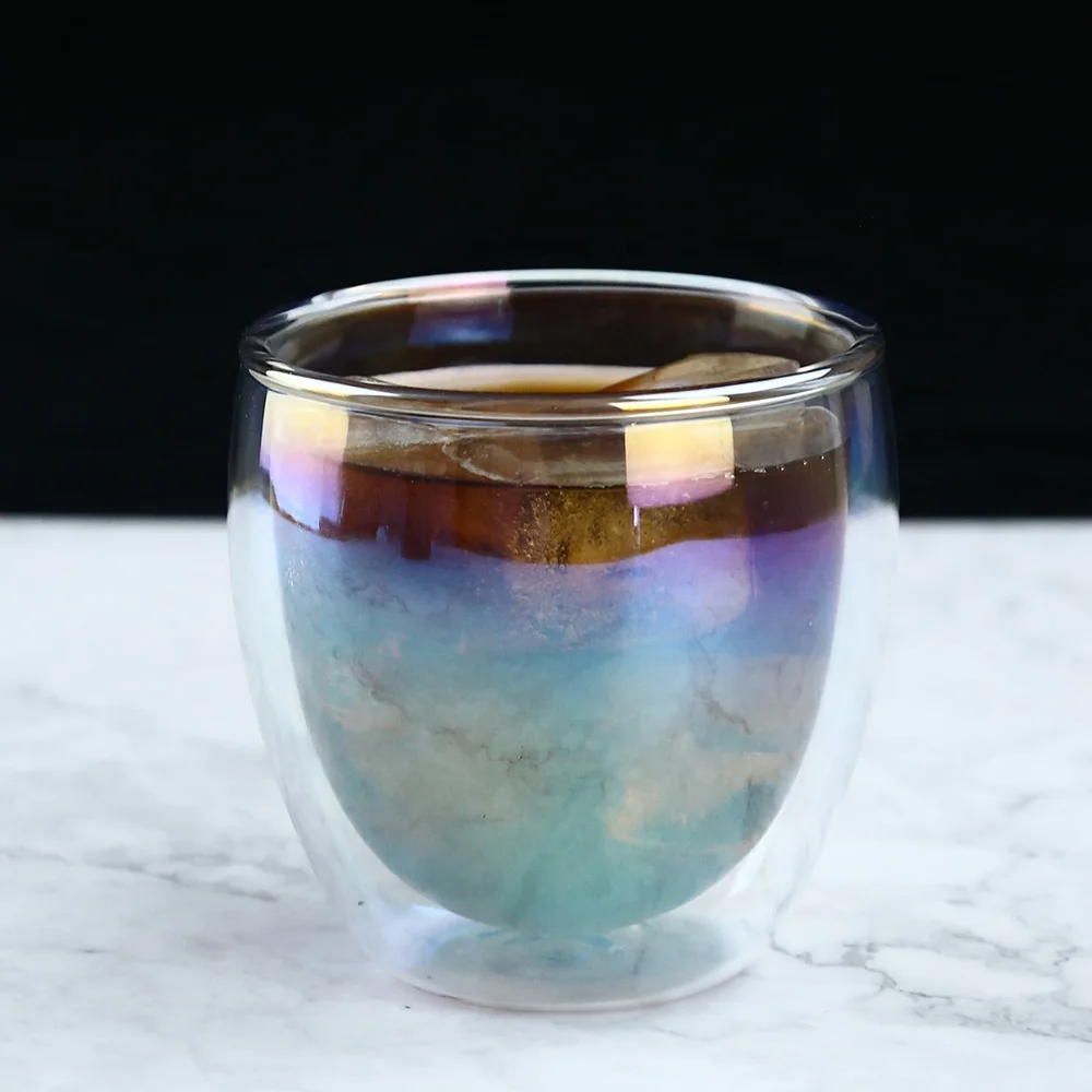 China Wholesale Oem Double Wall Glass Iridescent Plating Glassware Iridescent Plating Double Wall Glass Cup