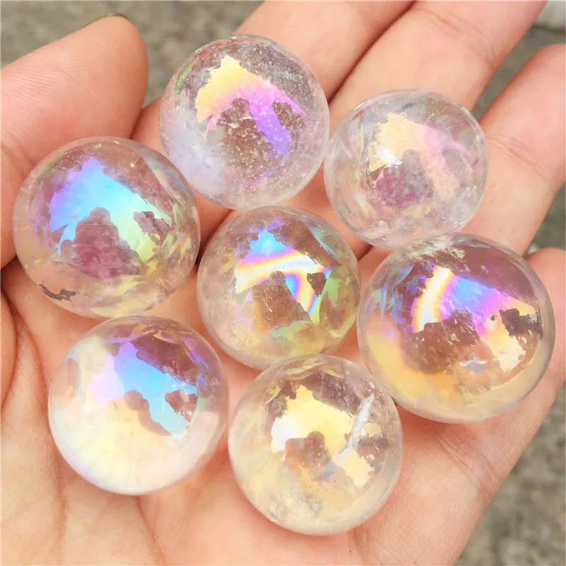 
Оптовая продажа, Ангел аура, Кварцевая Сфера, белый кварц, маленький хрустальный шар, натуральный гальванический кристалл для подарка 
