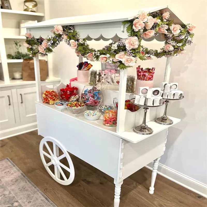 Amazon Hot Sale Customized Wooden Flower Candy Bar Cart With Wheels For Wedding Children Christmas Dessert Party Display Stand