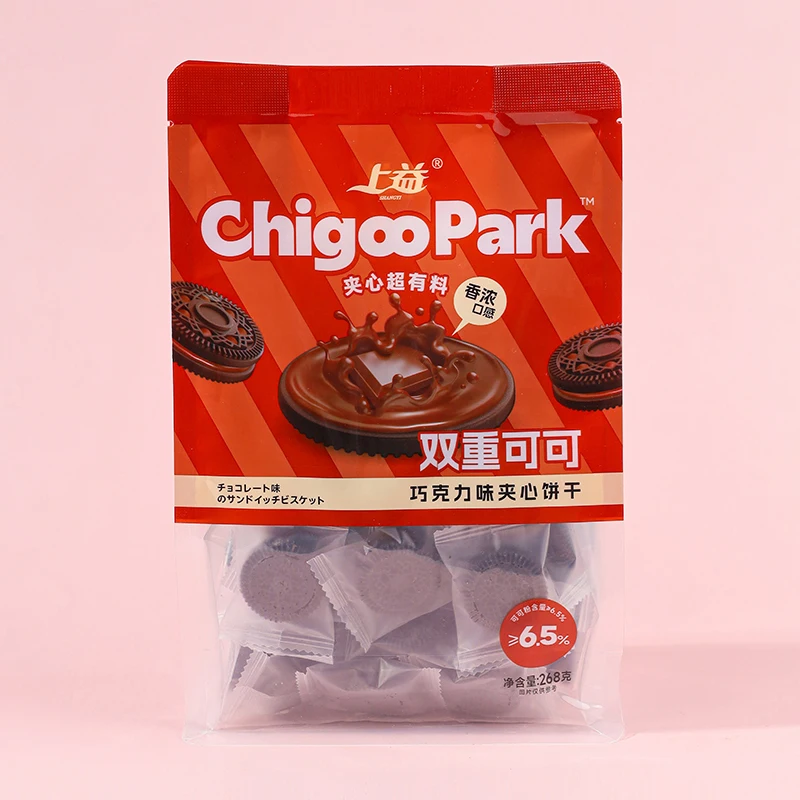 Delicious snack 268g sandwich little black cookies three flavored chocolate and milk fruit filled biscuits