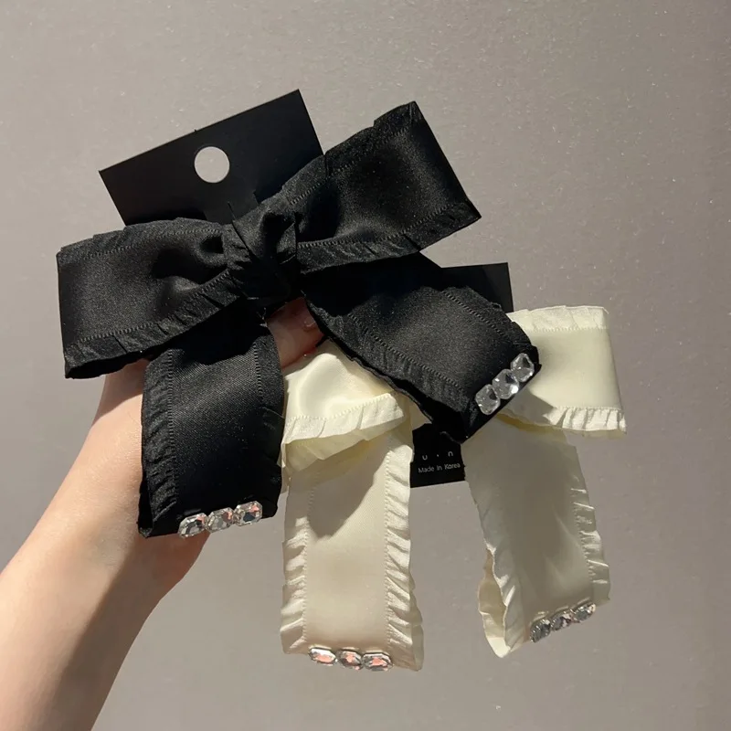 Fashion Satin Solid Color Bowknot Rhinestone Hair Clips Girls Bow Clip Crystal Hairgrips Butterfly Barrettes Headwear Hair Bows