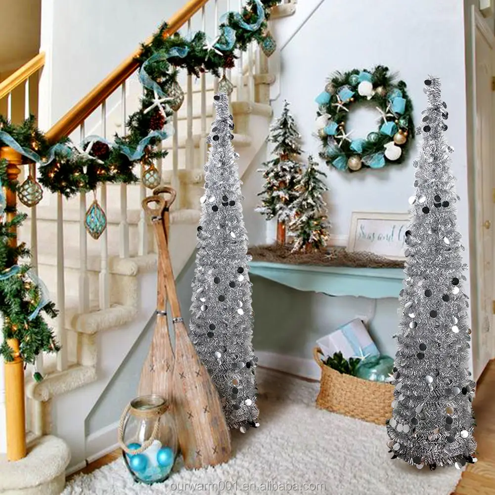 Ourwarm 5ft(150cm) Flickering Flash Silver Green Pop up Folding Christmas Tree