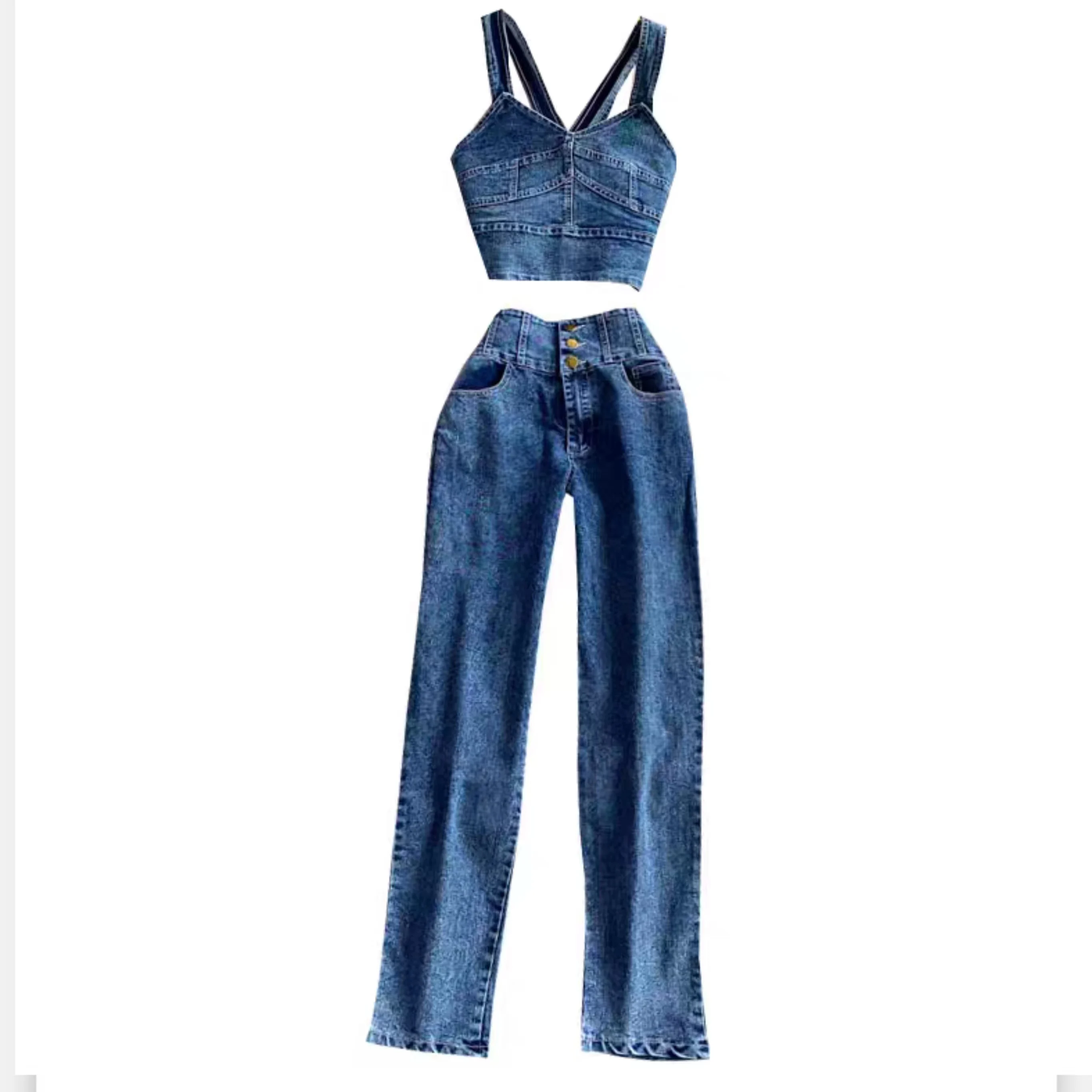 Denim Suit Casual High Waisted Wide Leg Trousers Women's Short Lapel Top Retro Summer Vintage Cartoon Medium High Fashion CN