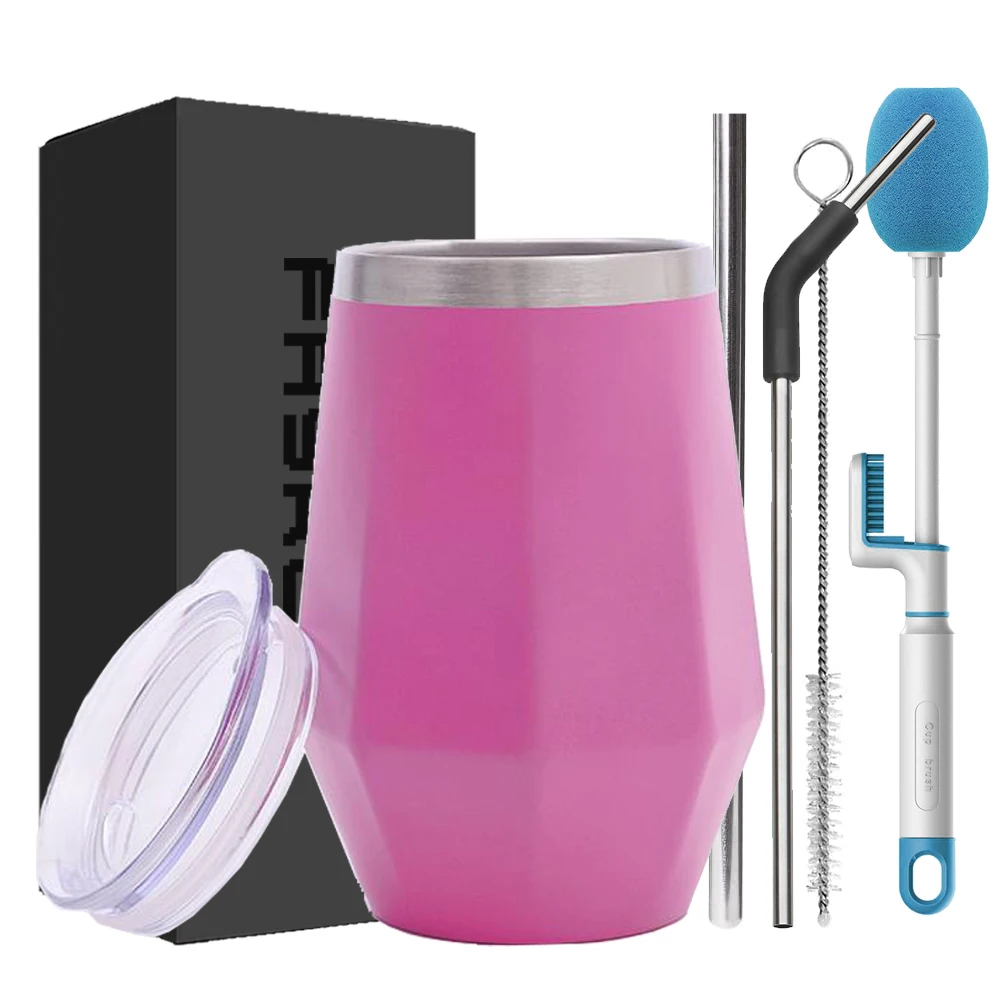 Custom Logo 12oz Diamond Shape Stainless Steel Thermal Insulated Coffee Cup Beer Mug Stemless Wine Tumbler cup With  Lid