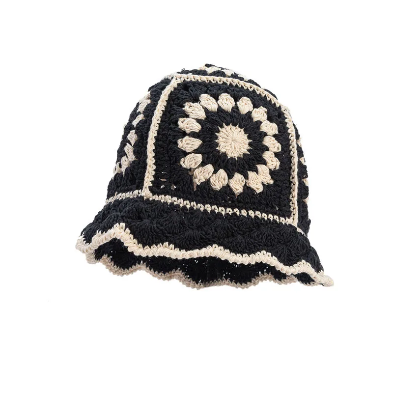 Custom Handmade Bohemia Luxury Flower Hollow Crochet Beanie Snowflake Cable Winter Short kint Knit Bucket Hat
