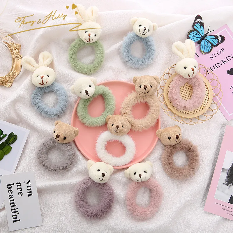 Tracy & Herry Winter warm bear Hair Rope Fuzzy Furry Elastic Dolls girls Head Rope Girls plush hair scrunchies