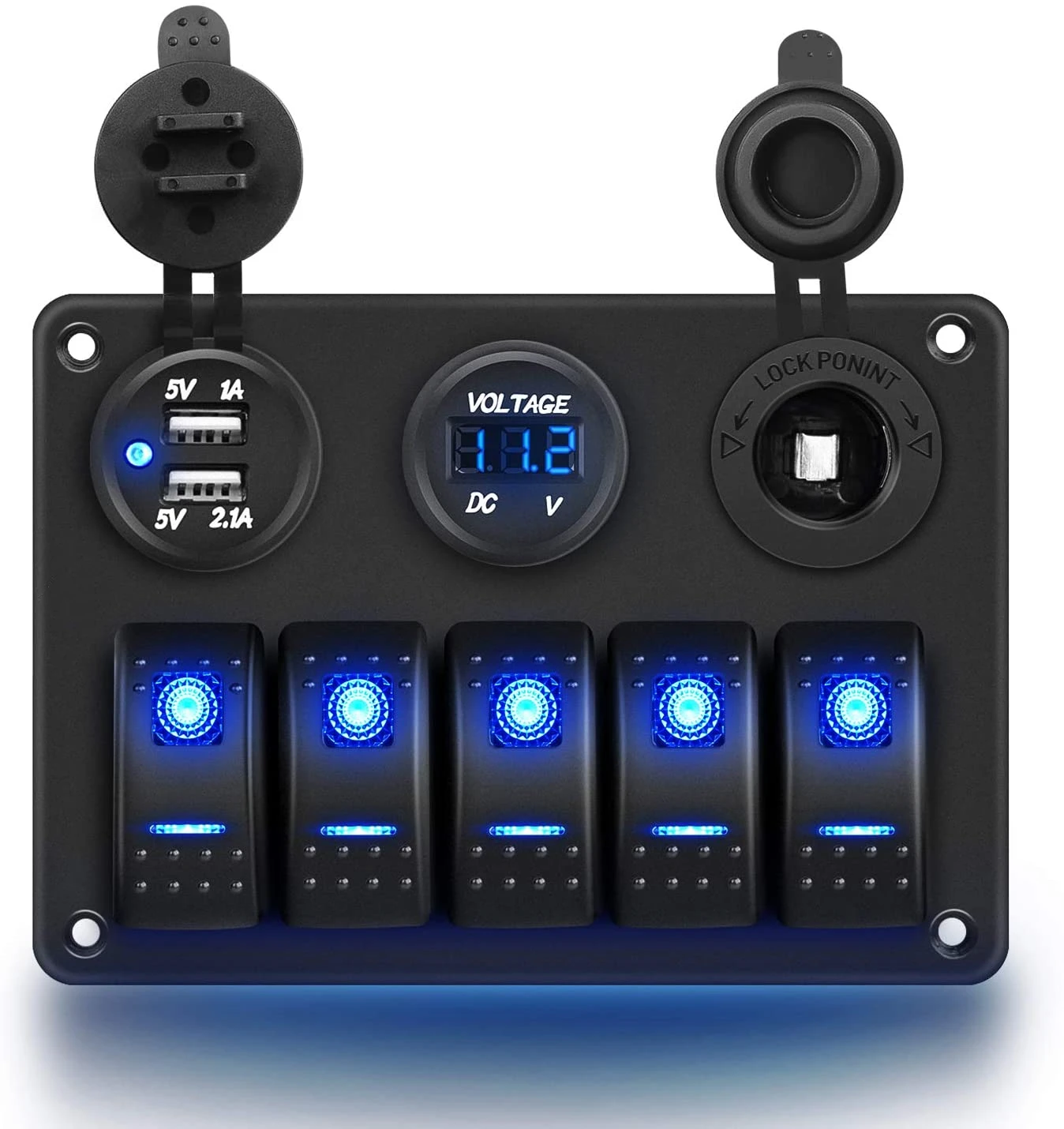 5 Gang Rocker Aluminum 12V-24V DC Light Switch Panel  with Dual USB Cigarette Lighter Socket Voltmeter