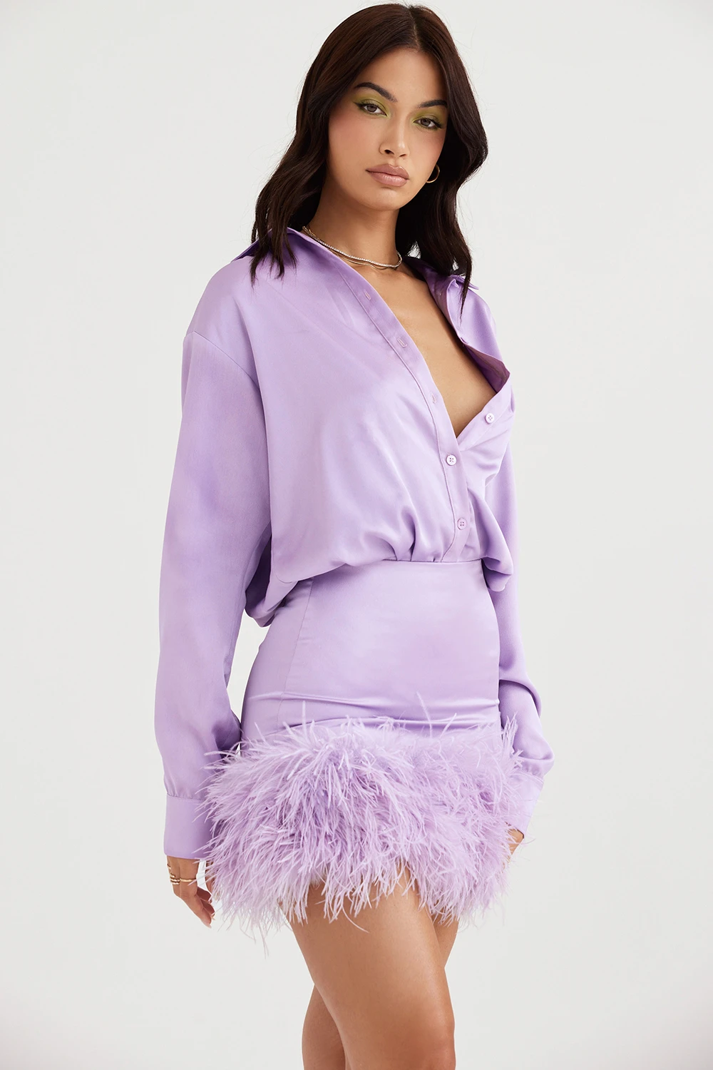 RedHK Custom High Quality New Arrives Women British Fashion Brand Womens Clothes Autumn 2021 Designer Satin Shirt Fur Hem Dress