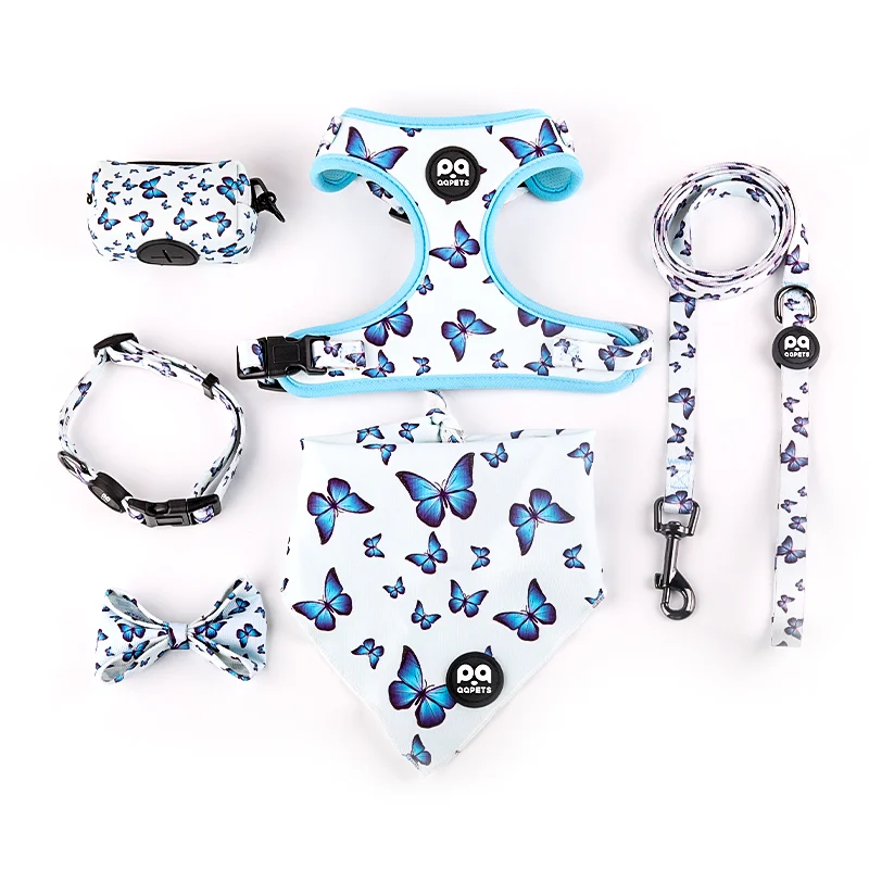 Popular Custom Design Dog Harness Blue Pattern dog Collar leash Bow Tie and Bandana Set Bulk Neoprene Dog Harness Manufacturer