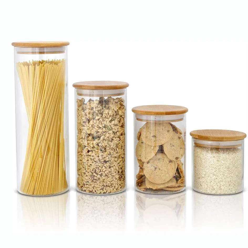 Wide Mouth Straight Side Borosilicate Glass Food Cookie Rice Storage Jar Canister Container Set With Bamboo Wood lid