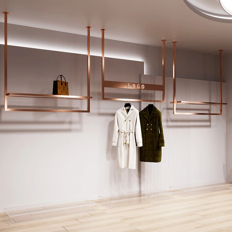 Custom Logo Fashion Boutique Clothing Metal Wall Mounted Ceiling Hanging Garment Rack Chrome Rose Gold Ceiling Clothing Rack