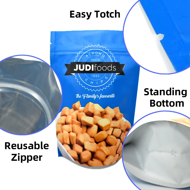 Custom Printed Quad Side Seal Gusset Zipper Lock PE Plastic Wood Ear with Window for Food Packaging Stand up Ziplock Bags QC M&P