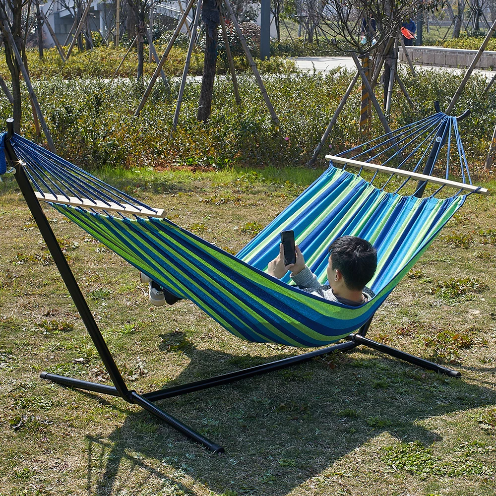 150*200CM Portable Camping Hammock With Wood Bar Outdoor Canvas Material Hammock  With 12ft steel stand
