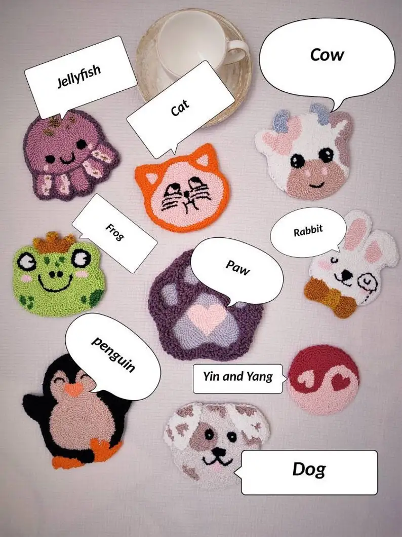 small size custom cute cat cow embroidery animal pattern punch needle tufting coasters mug rugs