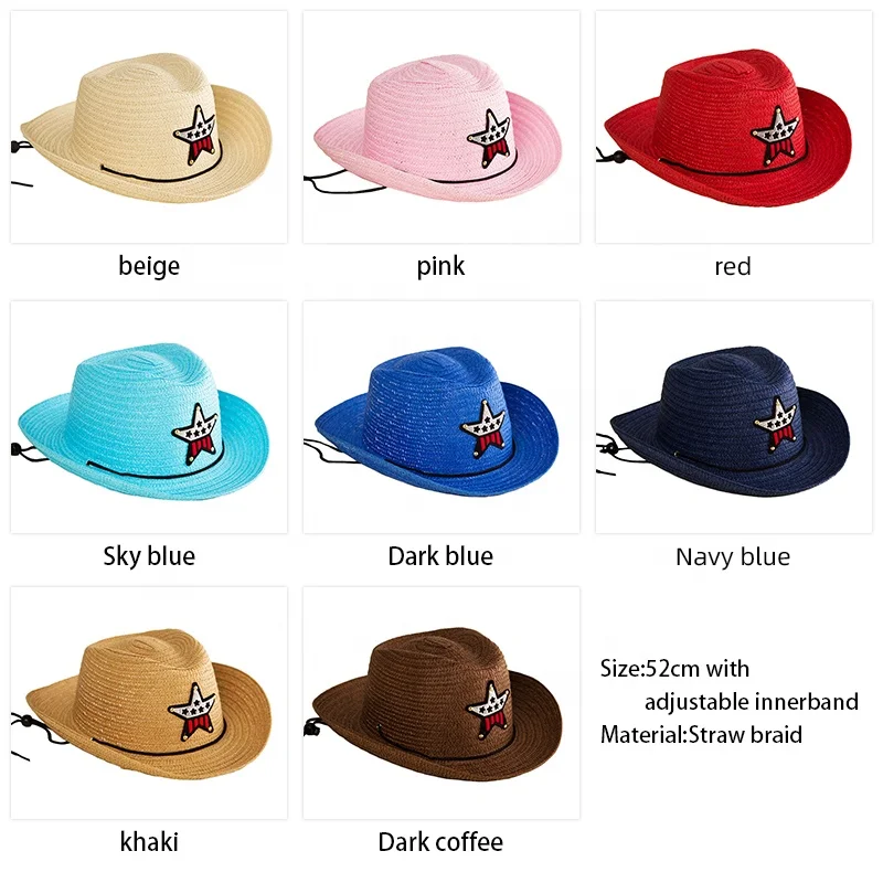new fashion cheap baby boy girl children curved brim cowboy hat kids five star summer cowboy paper straw hat