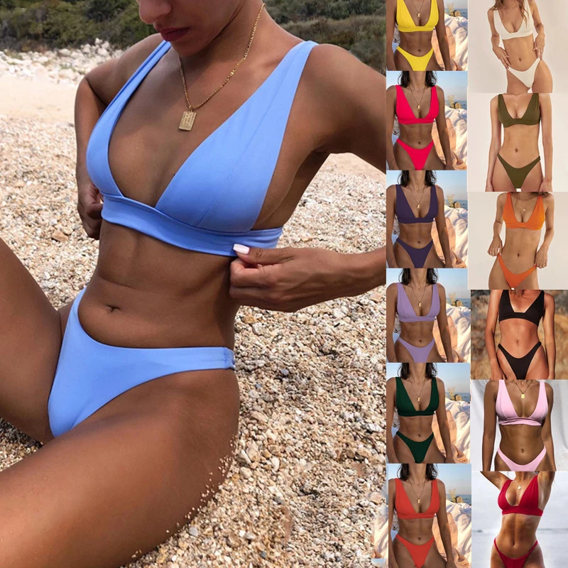 HuiLin Wholesale custom solid color swimming suit swimwear bikini set bathing suits push up beachwear bathing suits for women