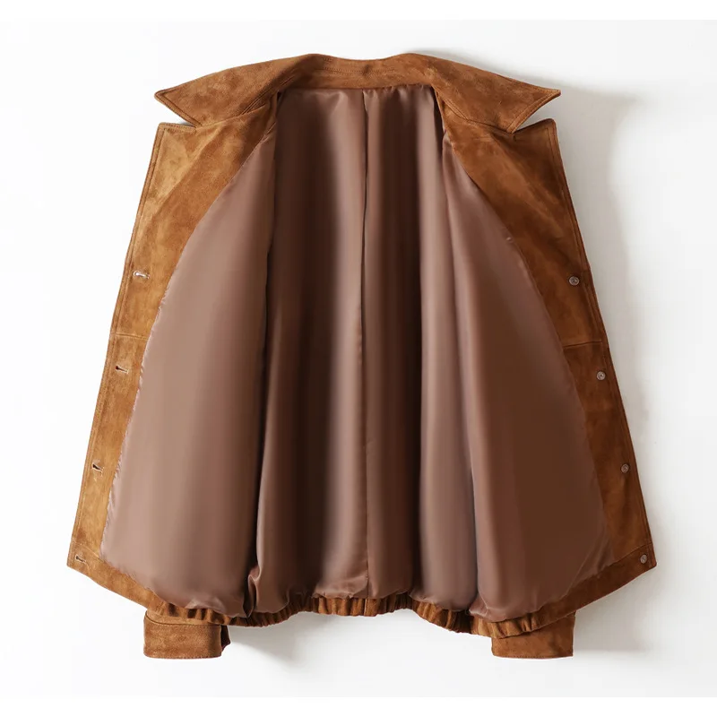 Fall Luxury Elastic Hem Short Genuine Leather Coat Custom Logo Soft Warm Bomber Brown Sheepskin Suede Leather Jacket for Women