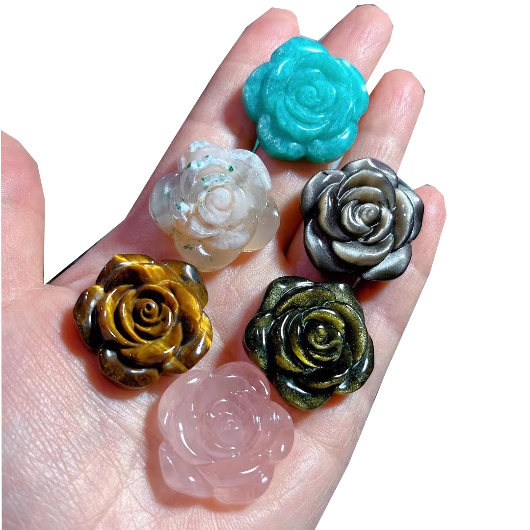 3CM Natural crystal healing pink blue tiger eyes crystal flower carving reiki amethyst Flower for gifts