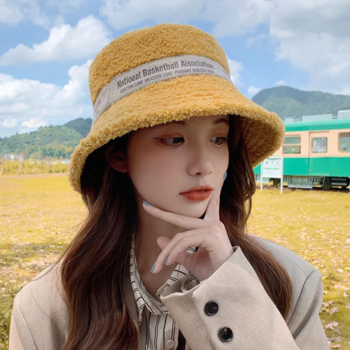 Fashion Popular Women Custom Logo Fishing Lamb Bucket hat Sherpa Fleece Bucket Hat Custom Sherpa  Bucket Hat