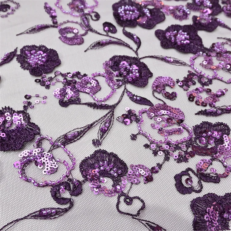 New Arrivals Customized Exquisite Luxury African Sequin Bead Lace Embroidered Lace Fabric Purple