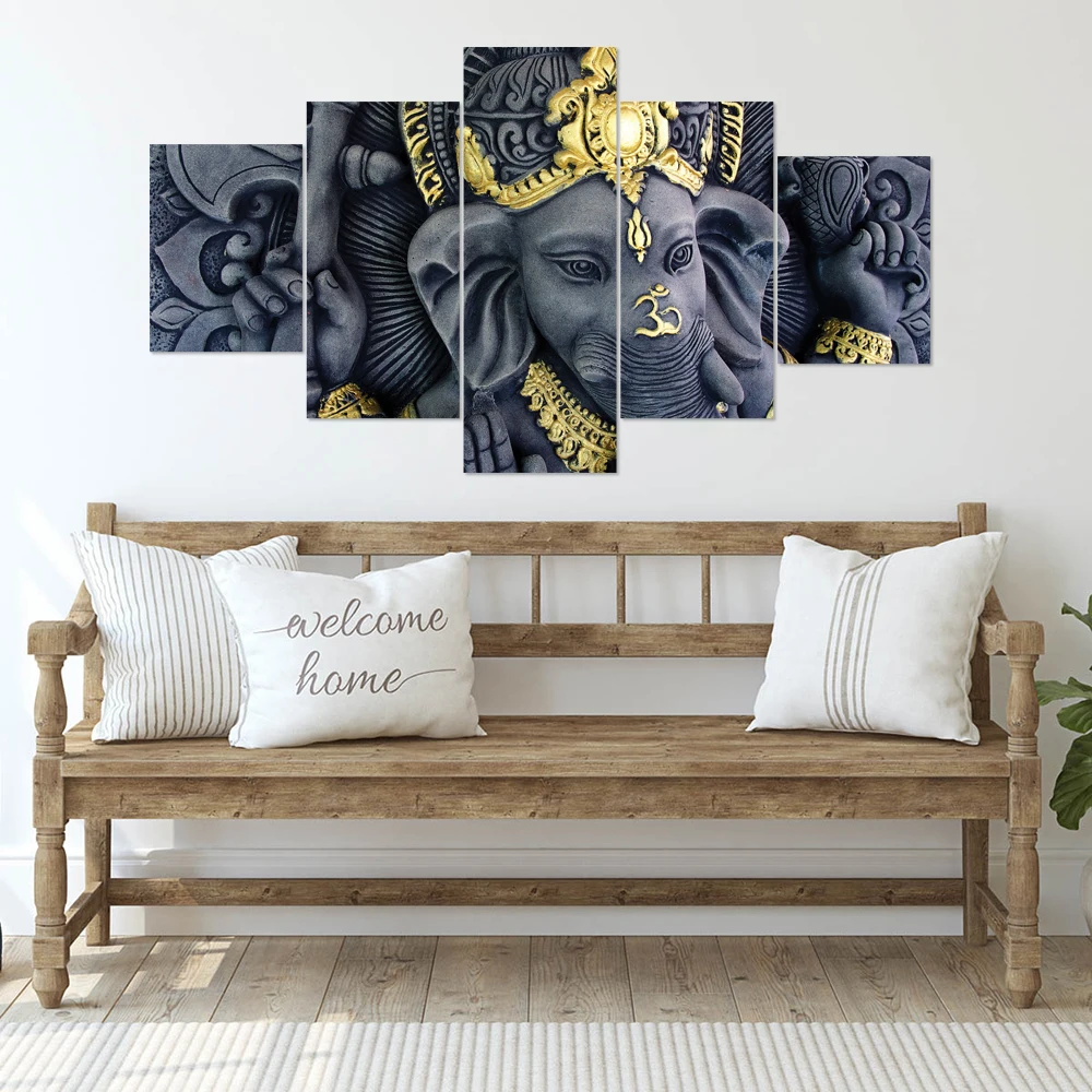 Custom Stretched Canvas Art Prints India God Nose Elephant Artwork 5 Panels India Wall Art Picture Oil Painting Buddha Painting