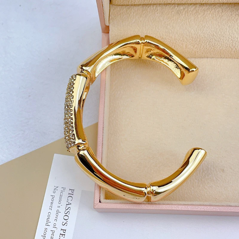 Fashion Hot Selling 18K Gold-plated Bamboo Section Set With Diamond C-shaped Open Bracelet For Women