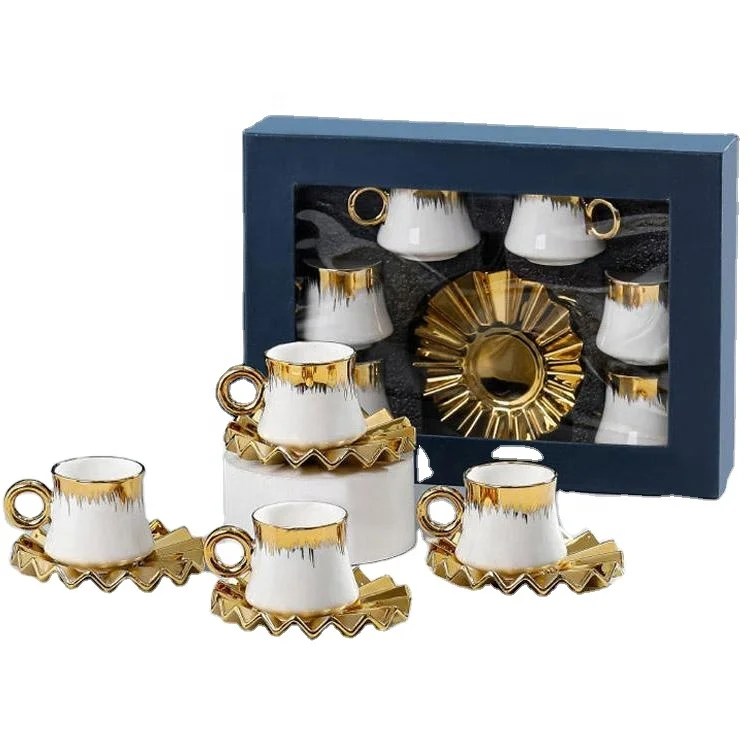 Porcelain Espresso Cup Set Golden Design Arabic 6Pcs 90ML Espresso Ceramic Reusable Coffee Cups tea cup set with Saucers Set