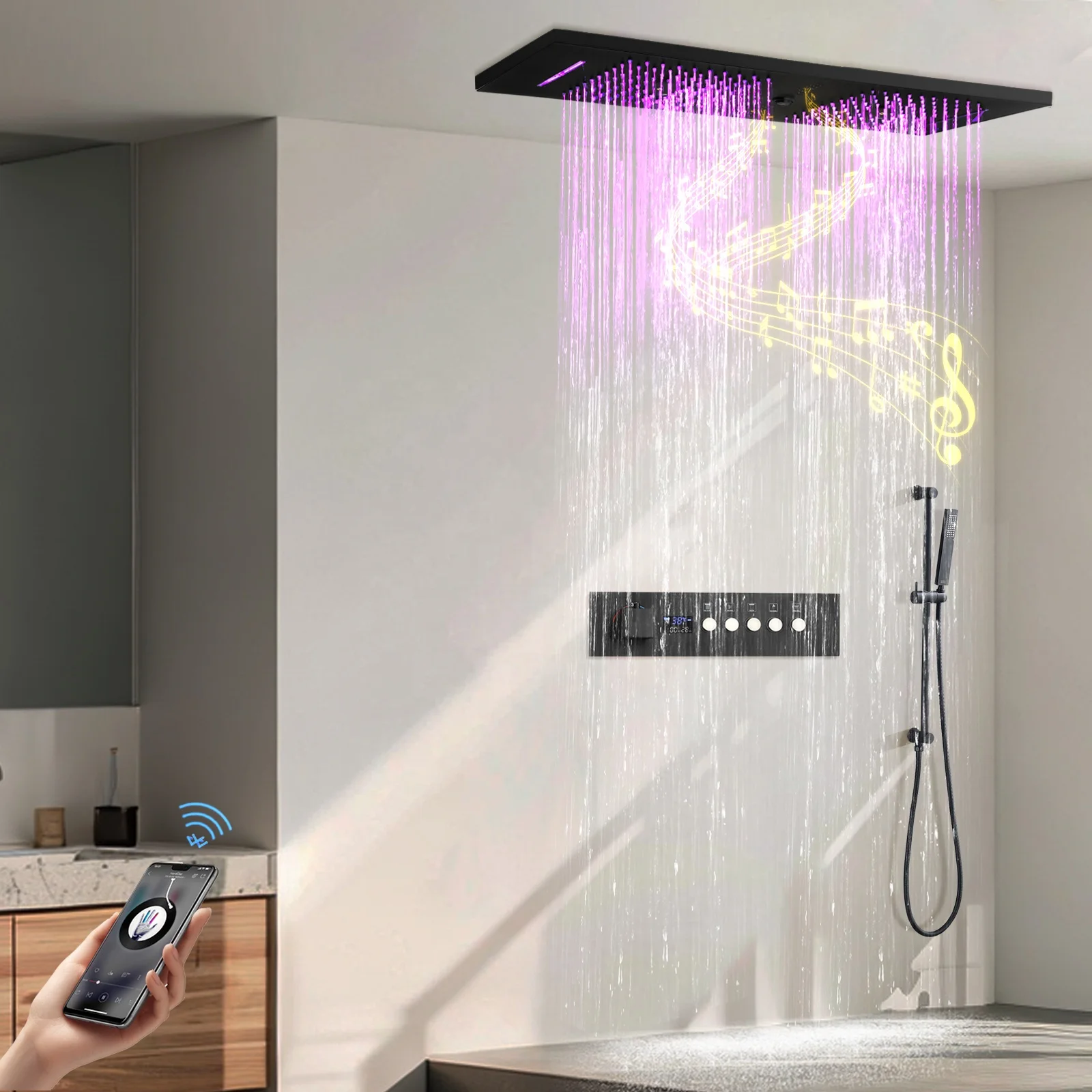 36*12 Inch Music Large Digital Display Thermostatic 64 LED Colors Rainfall Shower System Bathroom Shower Faucet Set