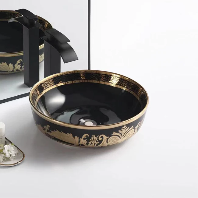 popular in muslim country elegant  black  with  golden plating wash hand art sink basin