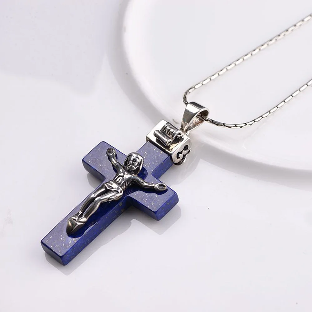 Real Pure 925 Sterling Silver Crucifix Jesus Piece Pendant For Men Women With Natural Lapis Lazuli Stone Antique Holy Jewelry