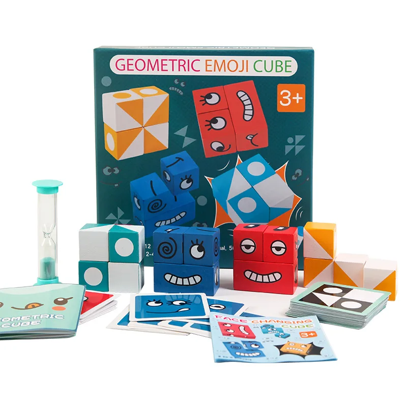 Wooden Expressions Matching Block Puzzles Building Cubes Toy Board Games Educational Montessori Toys for Kids Age 3 Years and UP